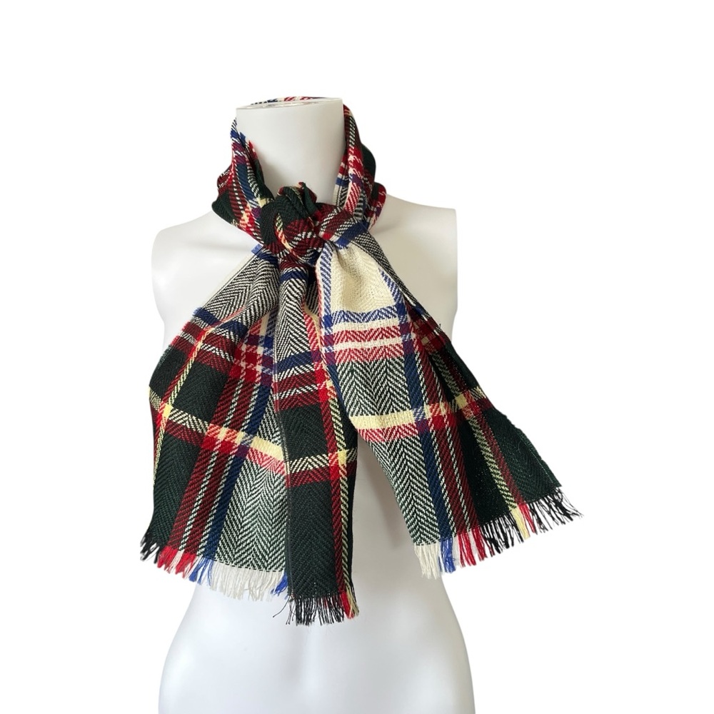 Vintage 40s 50s Plaid Wool Scarf Fringe Trim Black Red Woven